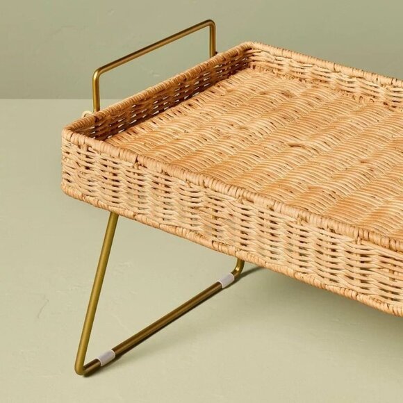 Natural Woven Tray Brass Handles & Foldable Legs - Hearth & Hand Magnolia Target - Picture 4 of 9